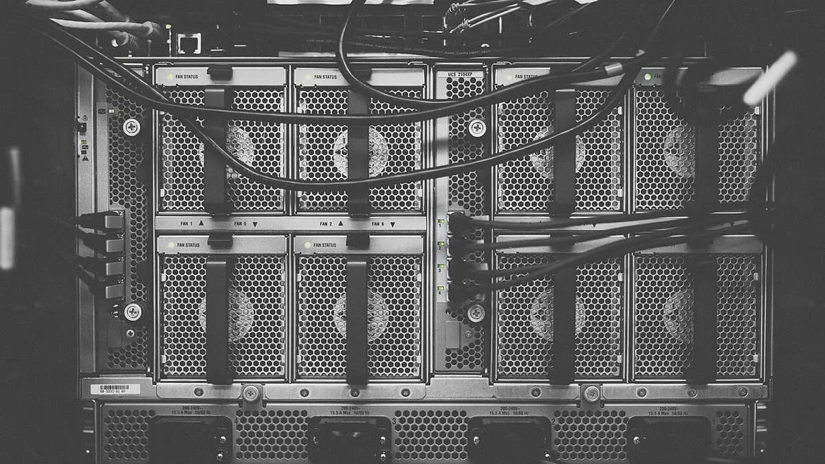 Back of a server chassis with rows of fans and cables