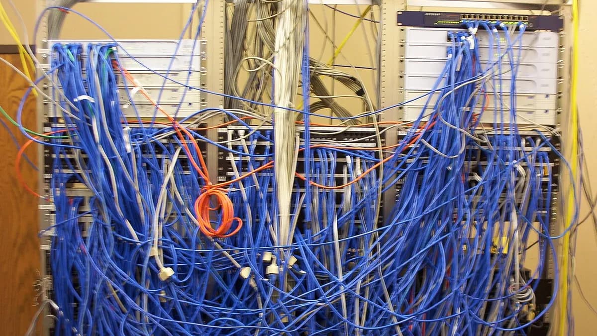 Tangle of blue network cables at the back of a rack