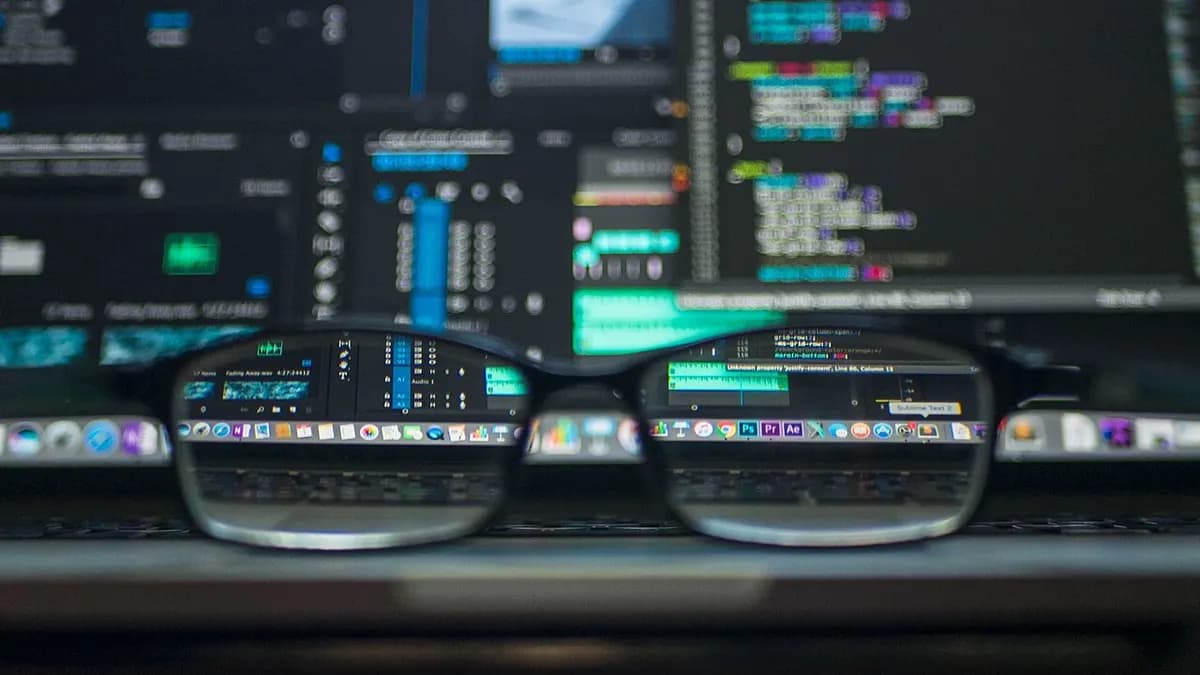 Monitors showing code, with a pair of glasses in the foreground