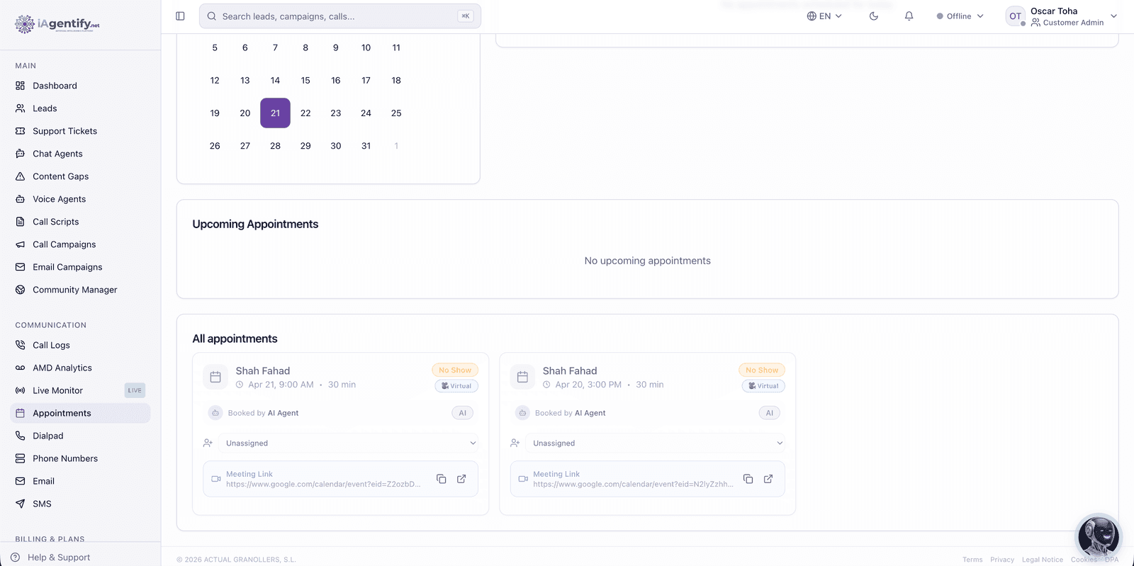 Appointments booked autonomously by the AI agent, synced to the calendar with meeting links.