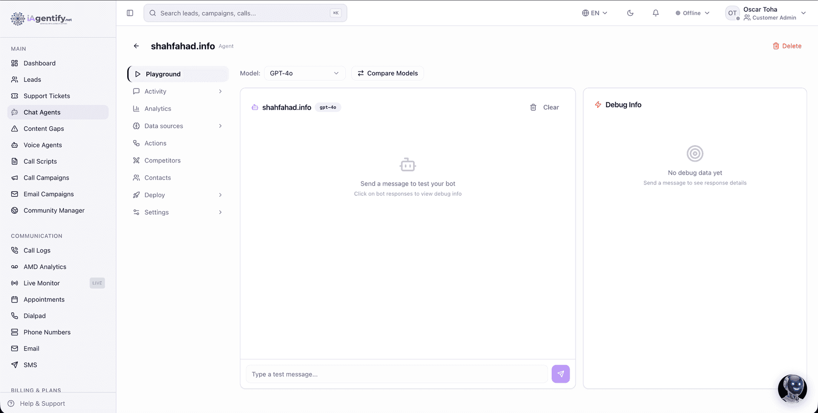 Configuring an agent: a playground to test the bot against the model, side by side with debug info.