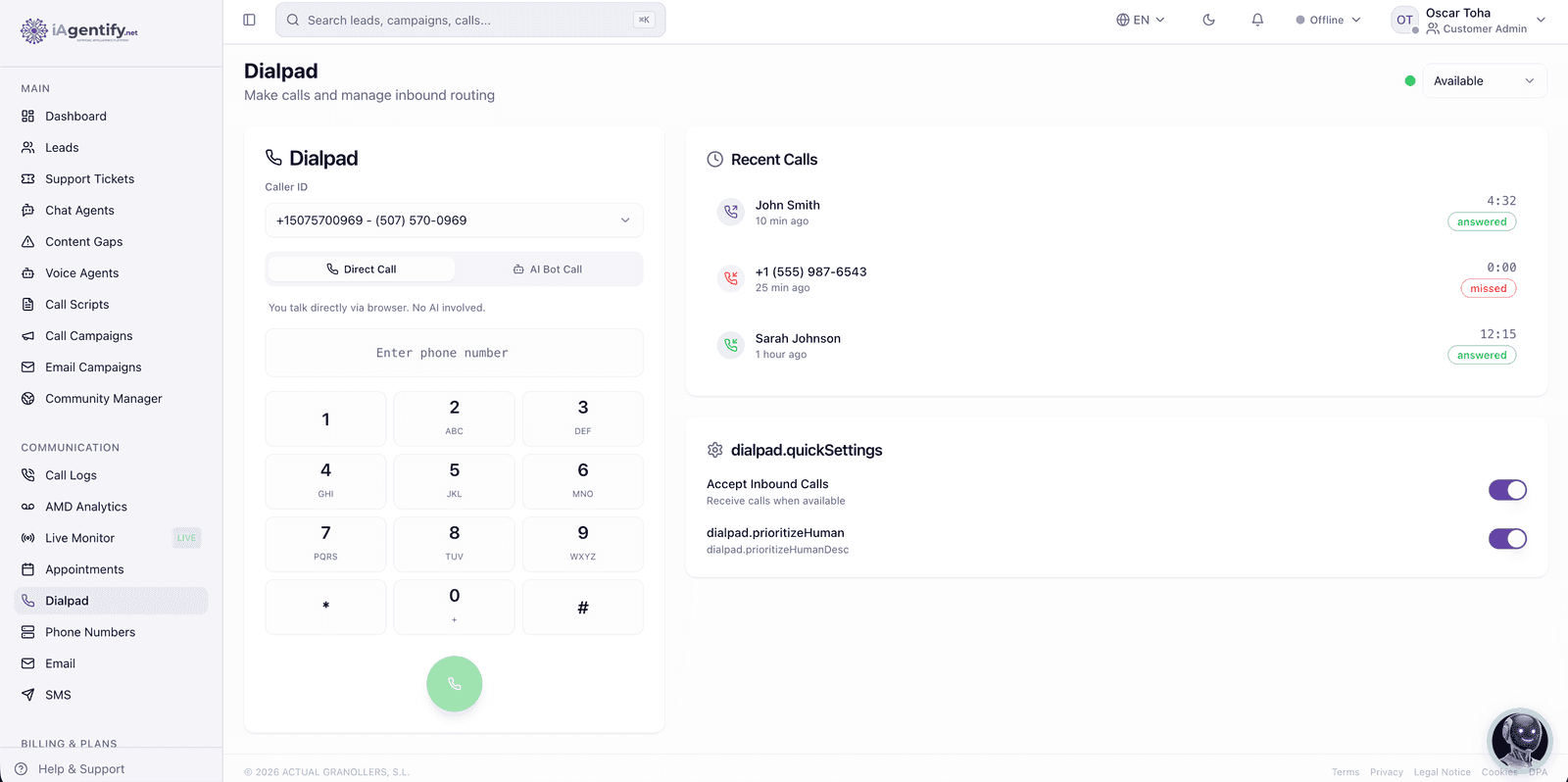 A built-in dialpad and inbound routing, direct human calls or AI bot calls from one place.