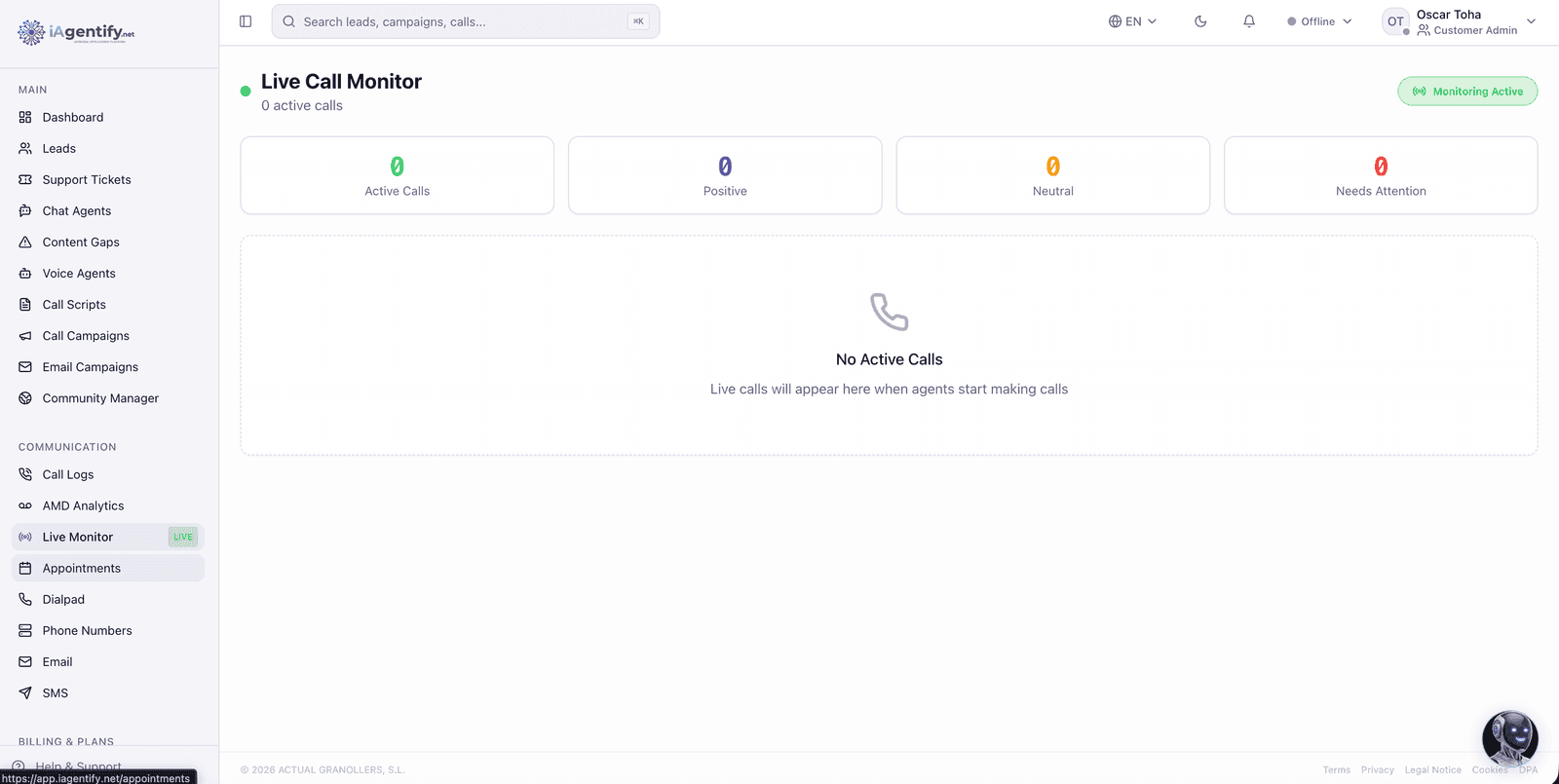 Live call monitor, active calls, sentiment and the ones that need human attention, in real time.
