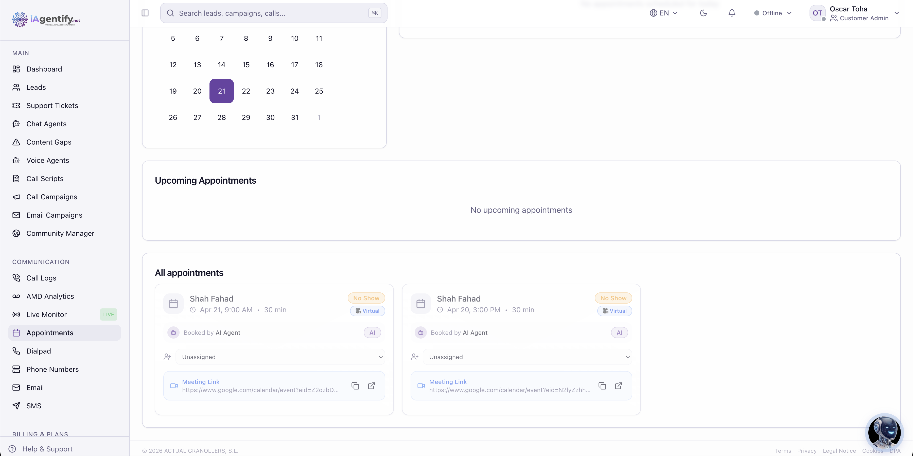 Appointments booked autonomously by the AI agent, synced to the calendar with meeting links.
