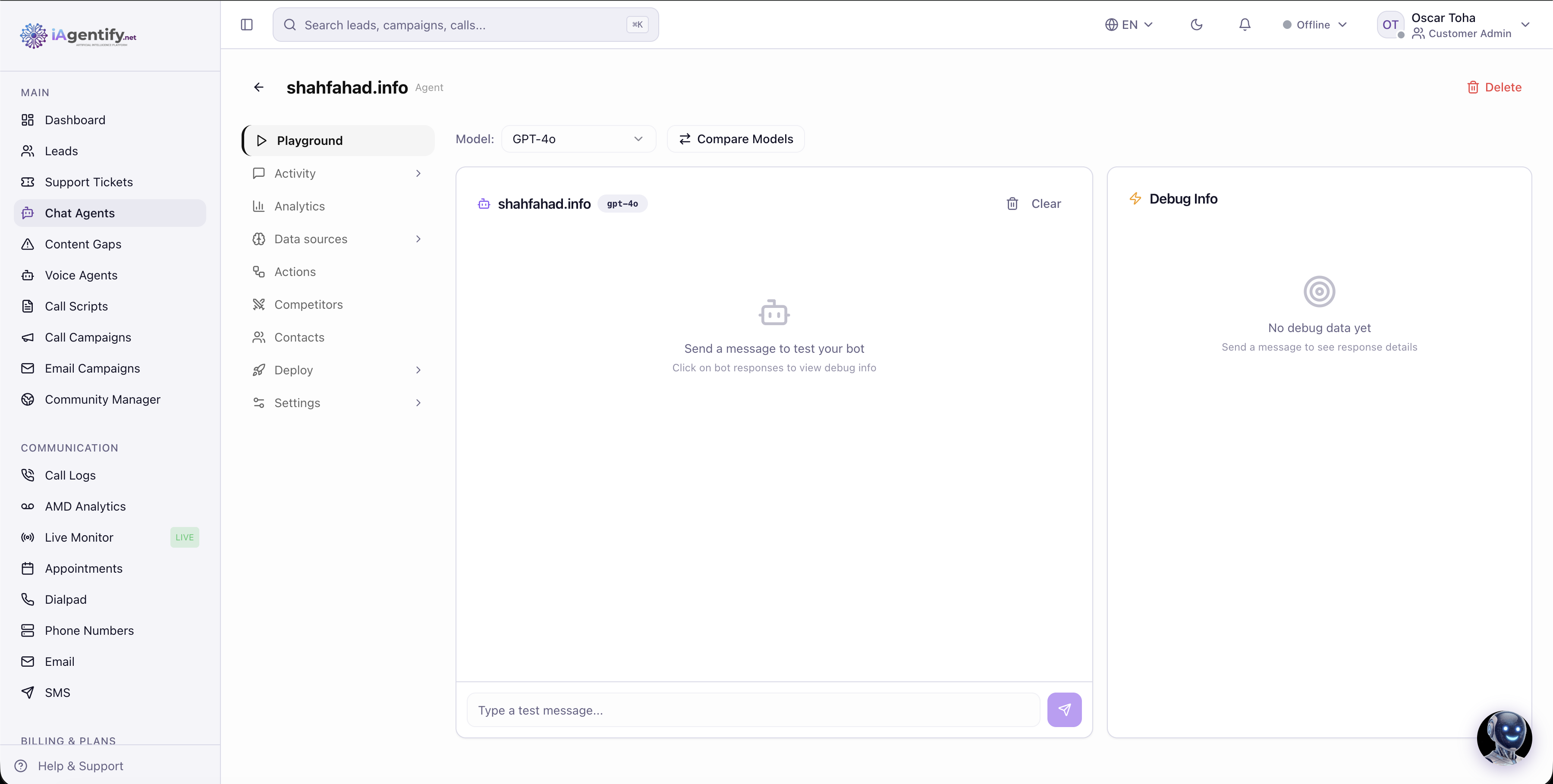 Configuring an agent: a playground to test the bot against the model, side by side with debug info.