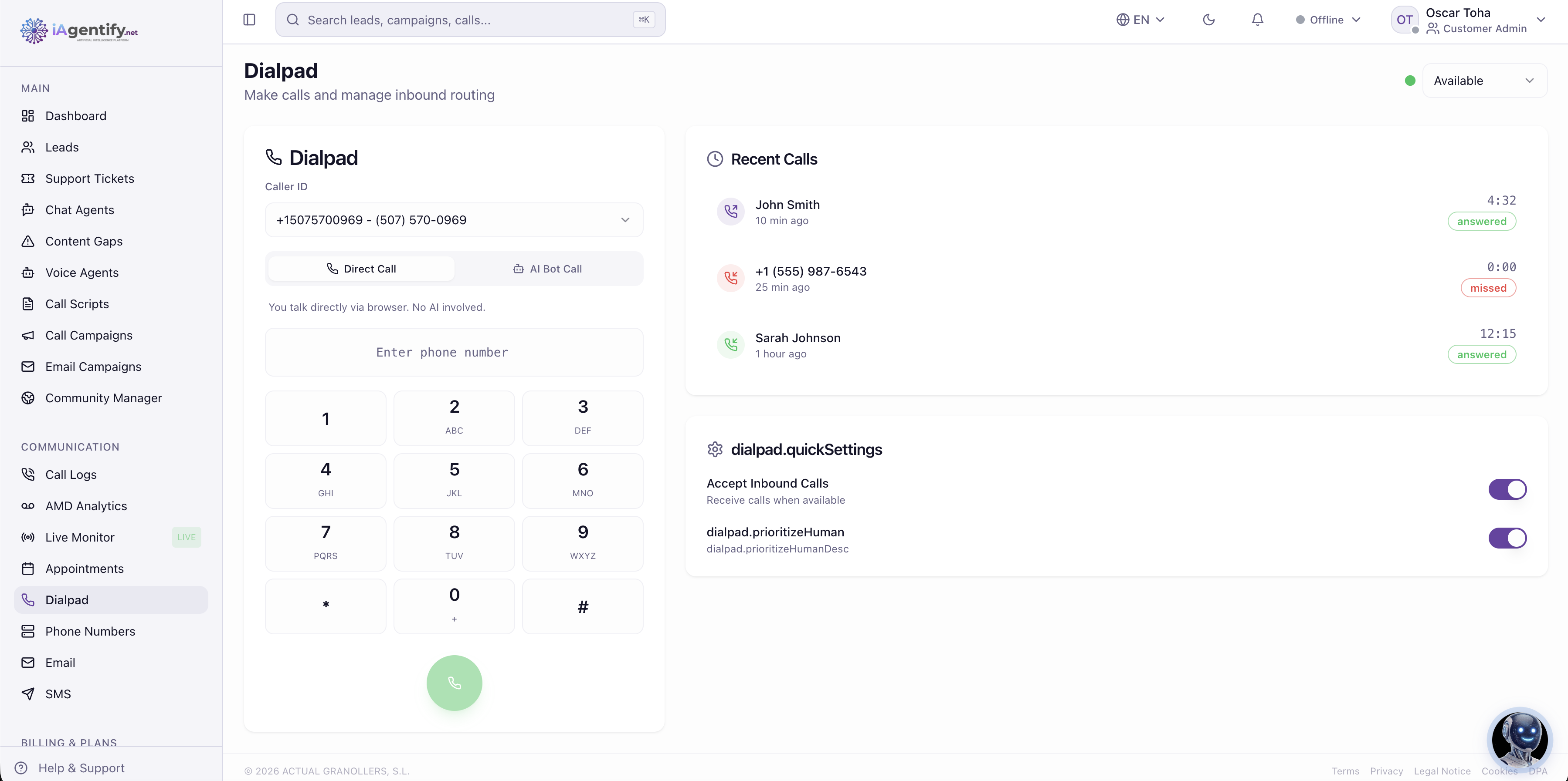 A built-in dialpad and inbound routing — direct human calls or AI bot calls from one place.