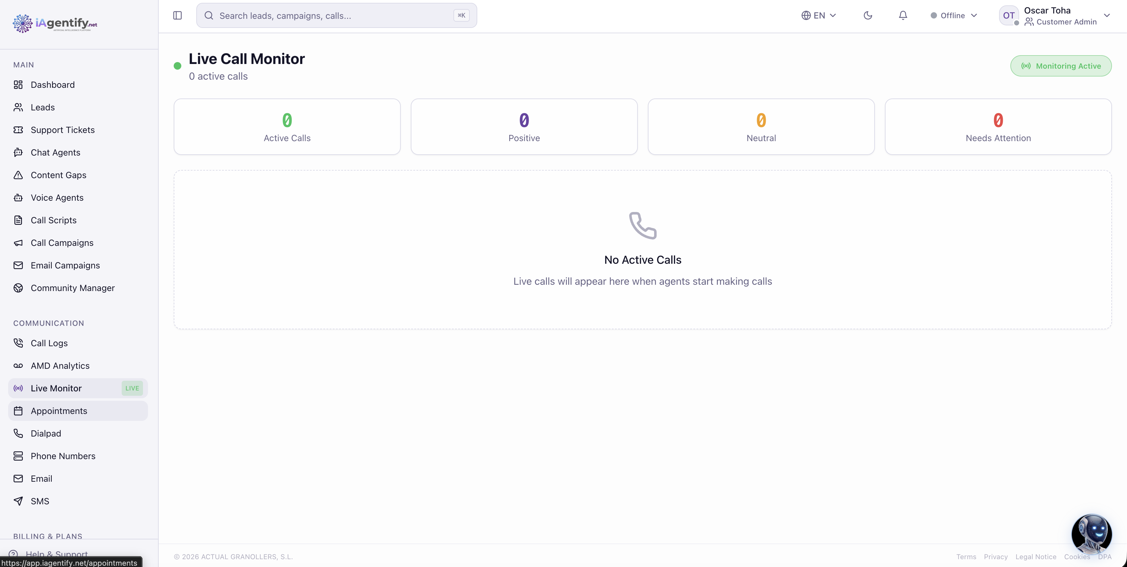 Live call monitor — active calls, sentiment and the ones that need human attention, in real time.