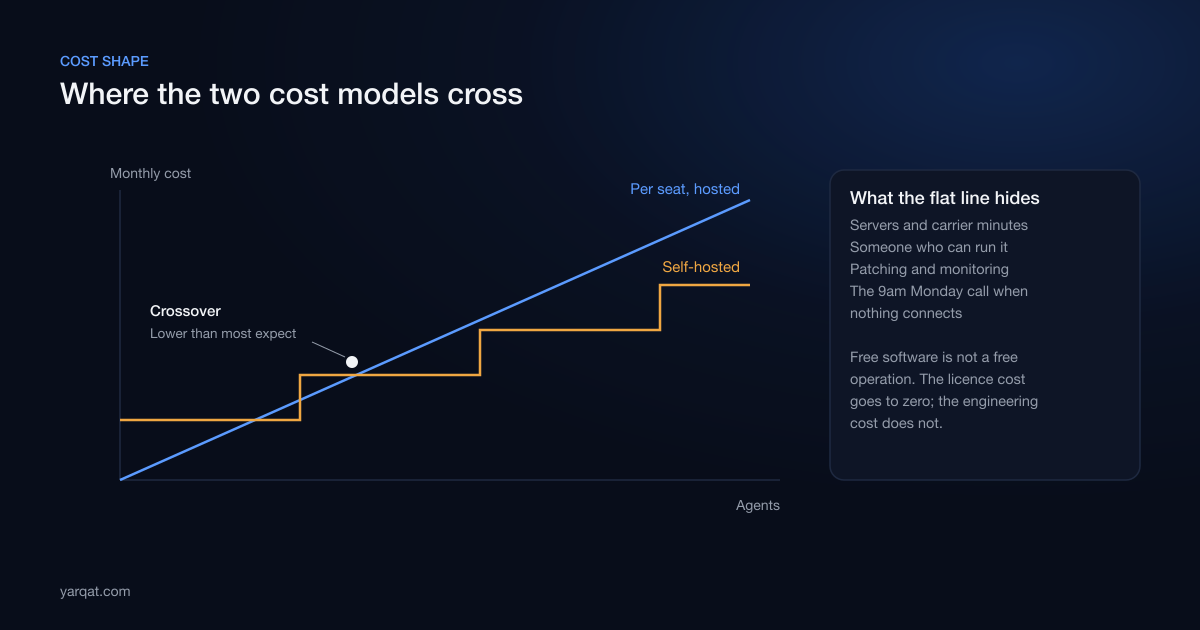 Chart comparing linear per-seat hosted cost against stepped self-hosted cost, with a crossover point